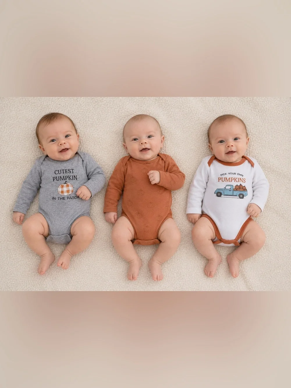 Pumpkin Patch Long-Sleeve Baby Bodysuit Trio - Rust, Gray, White
